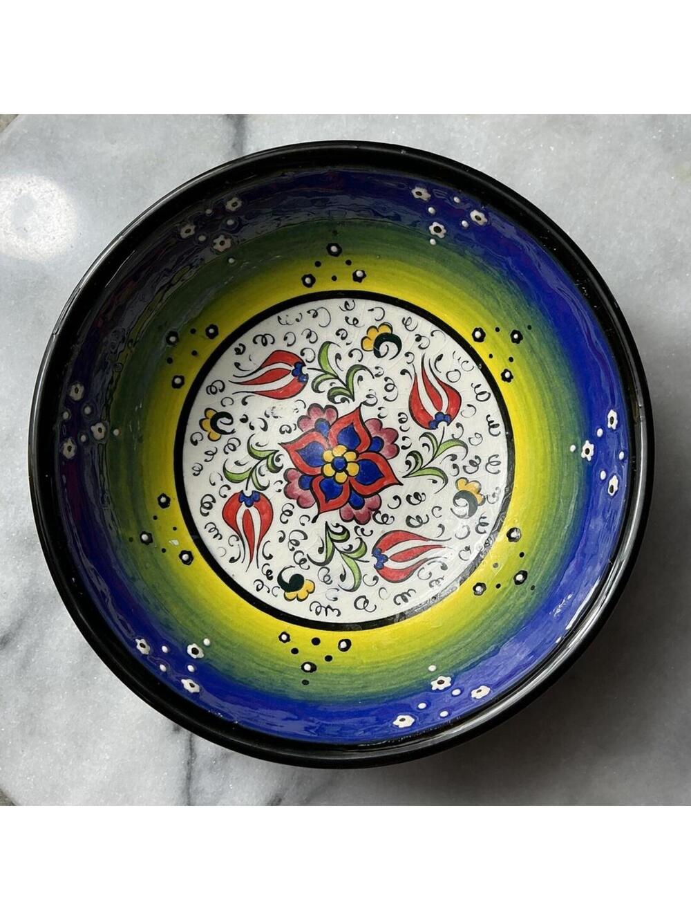 Vintage signed Blue Green Red White Hand-painted Turkish Bowl made in Turkey